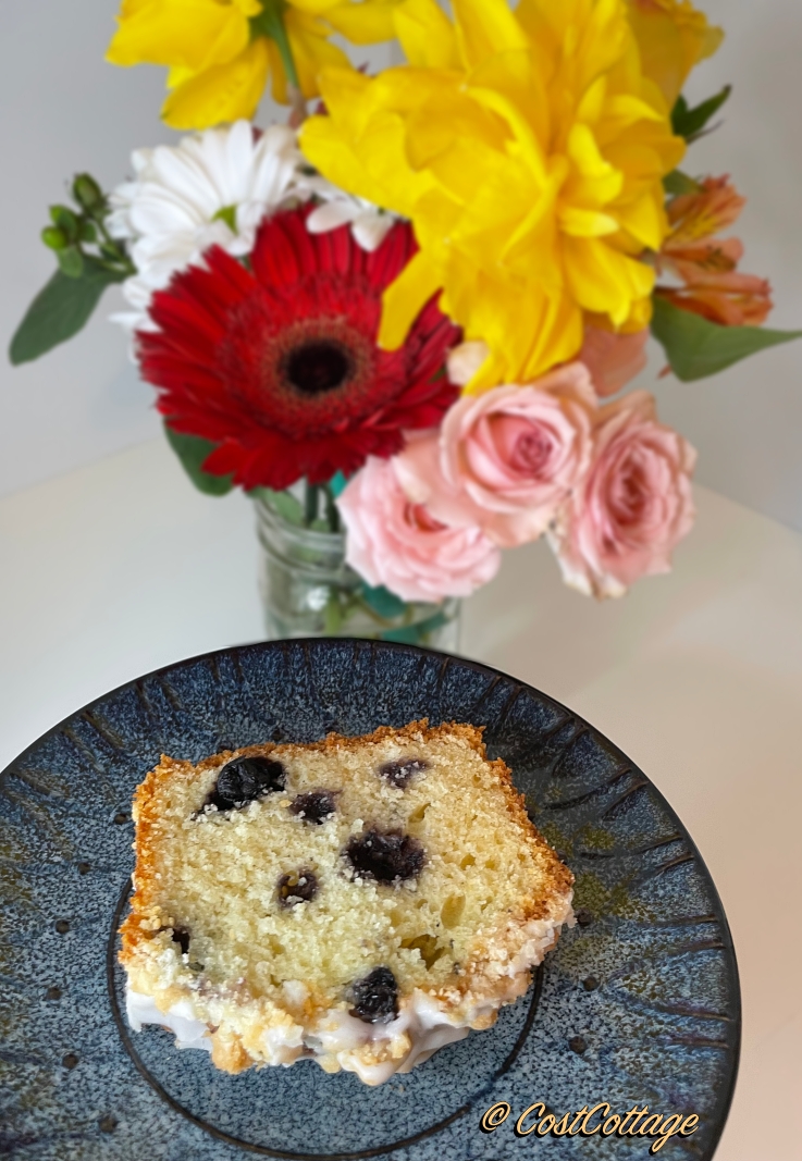 Lemon Blueberry Loaf with floral background | Costco Item 1719747
